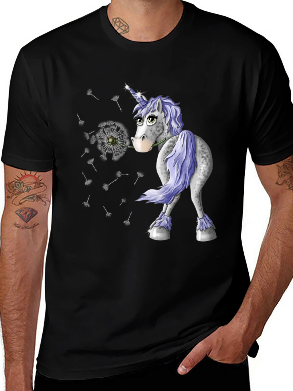 Unicorn Dandelion Mens Black T-Shirt