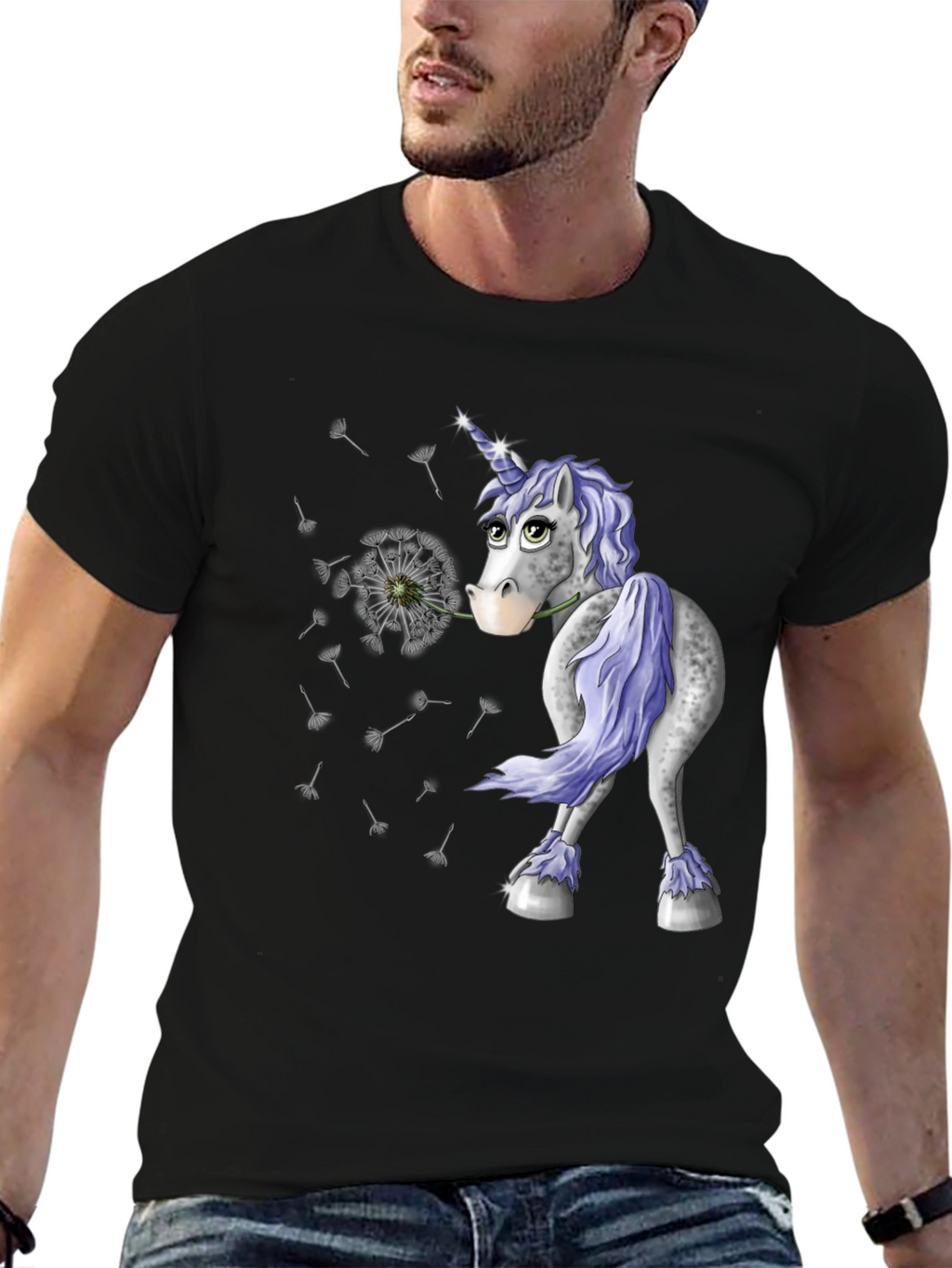 Unicorn Dandelion Mens Black T-Shirt