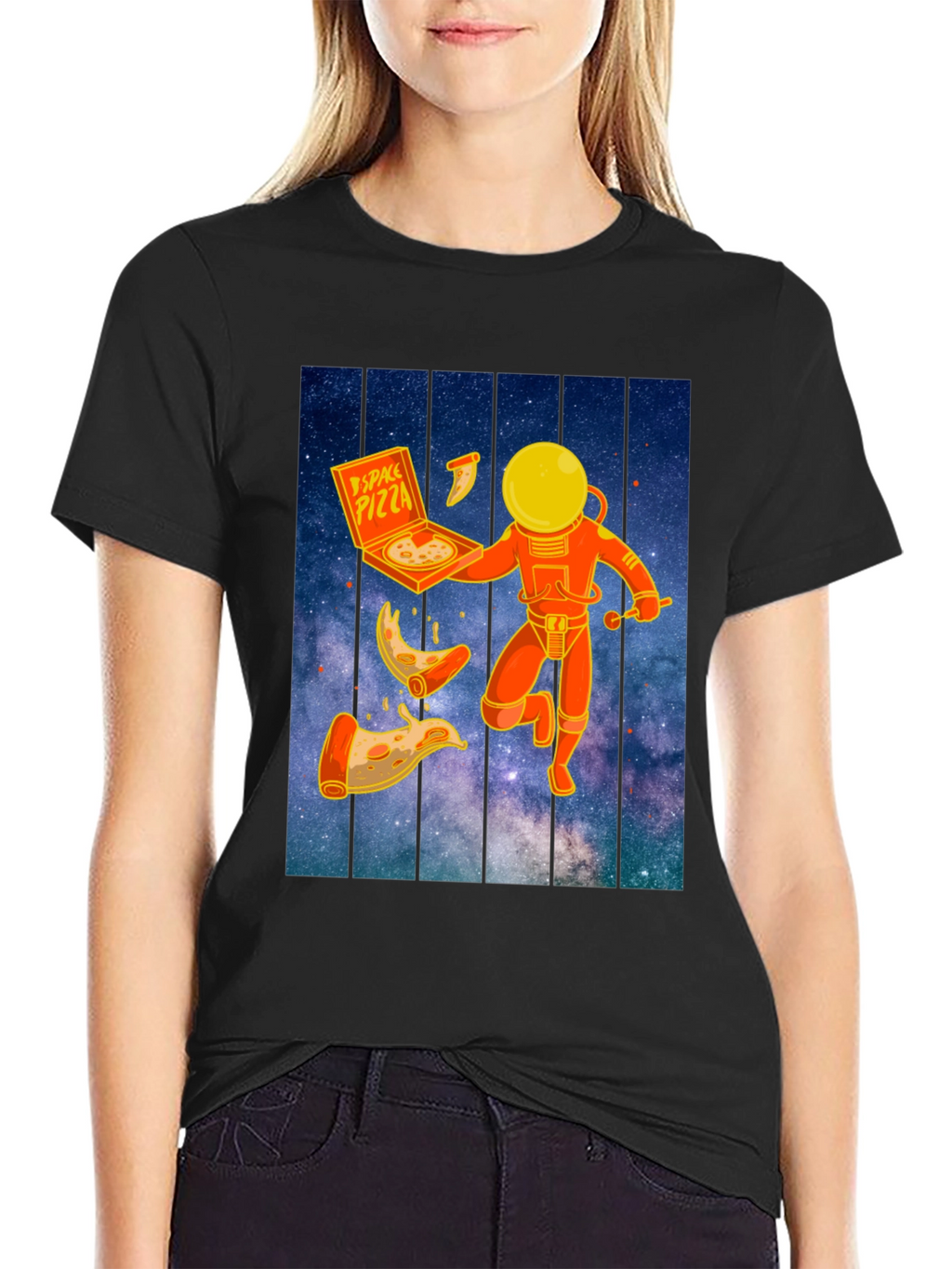 Space Pizza Graphic T-Shirt - Black Crew Neck Tee