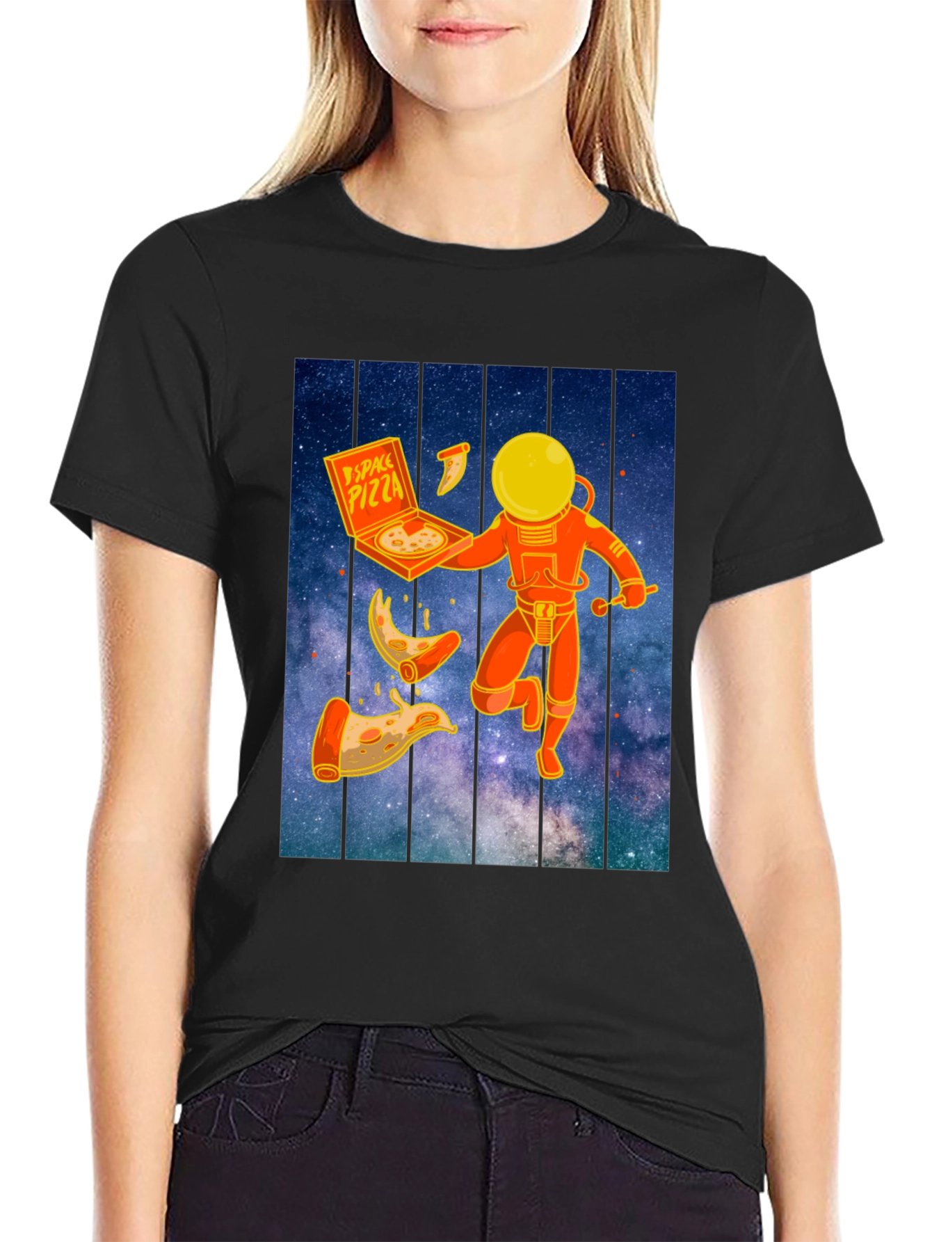 Space Pizza Graphic T-Shirt - Black Crew Neck Tee