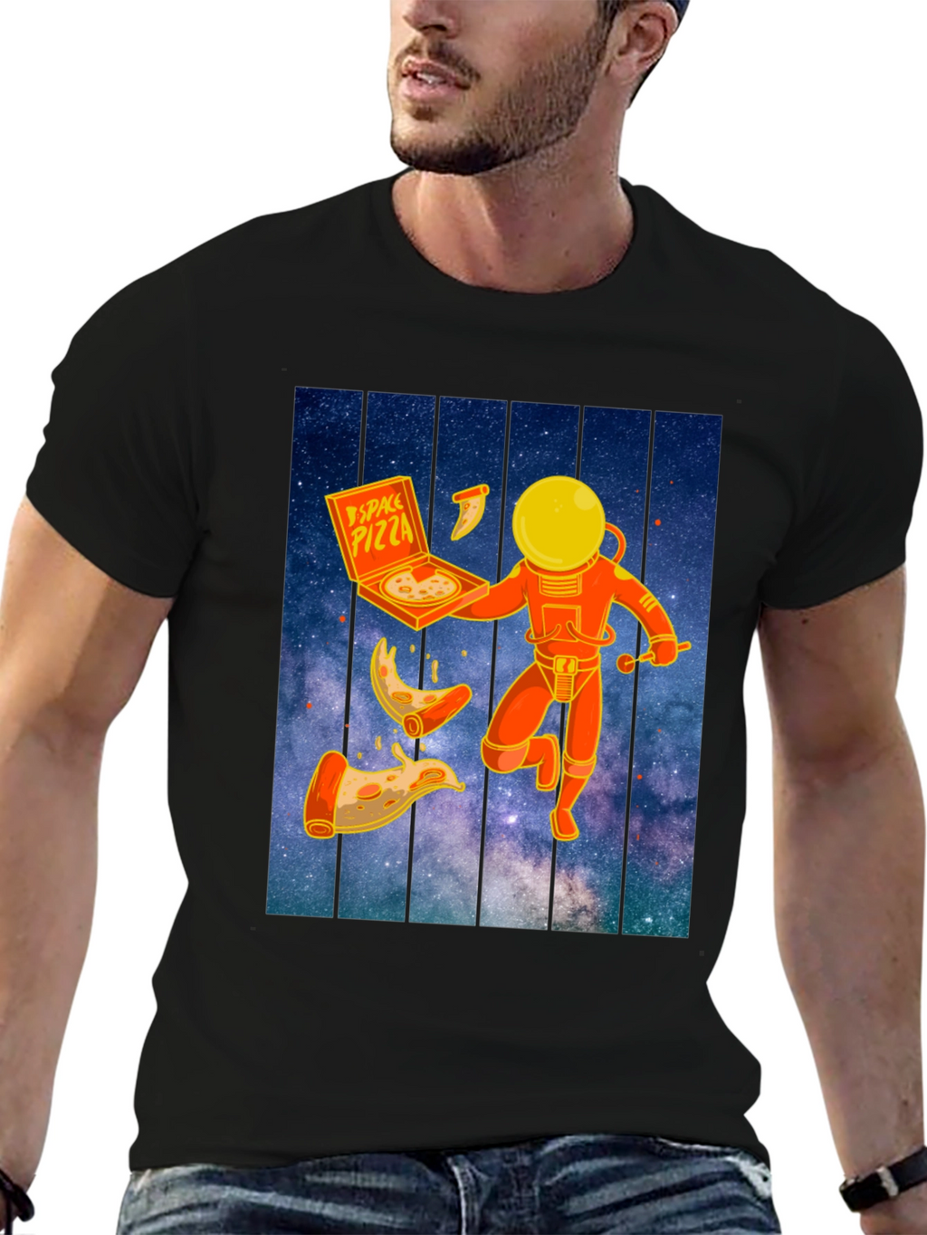 Space Pizza Graphic T-Shirt - Black Crew Neck Tee