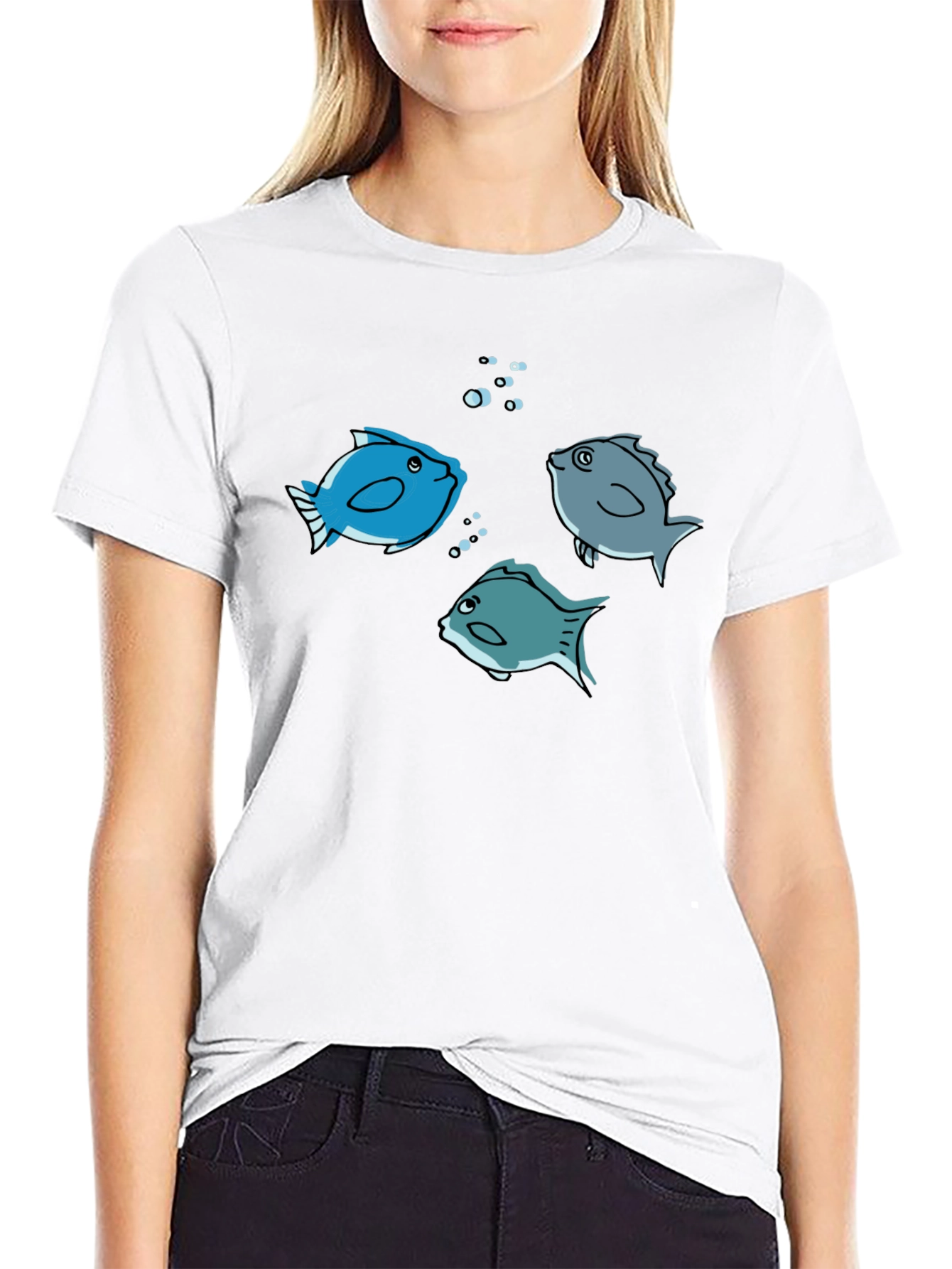 Fish Graphic Tee -  Black Cotton Crew Neck