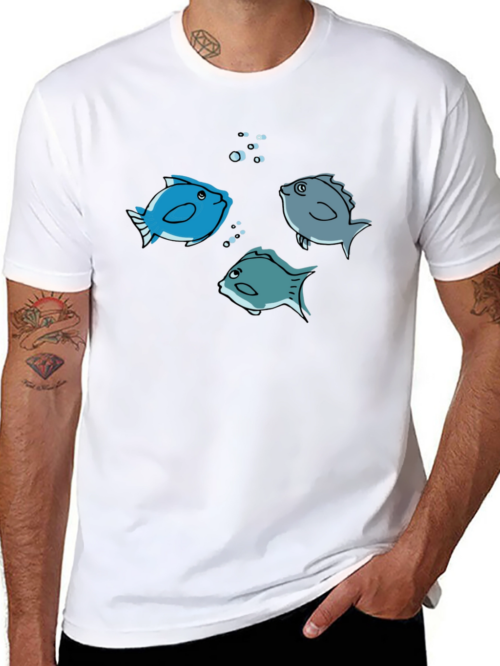 Fish Graphic Tee -  Black Cotton Crew Neck
