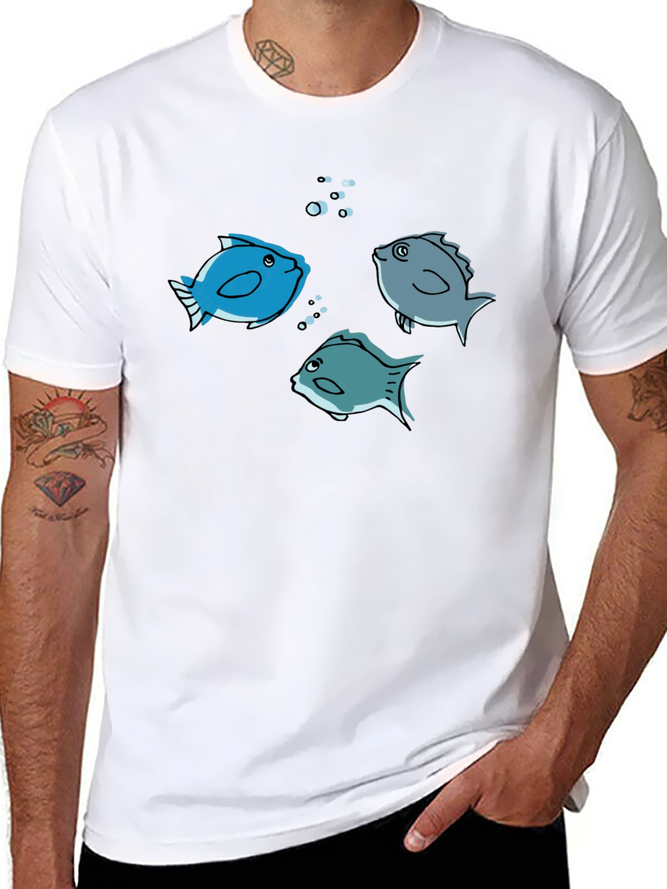Fish Graphic Tee -  Black Cotton Crew Neck