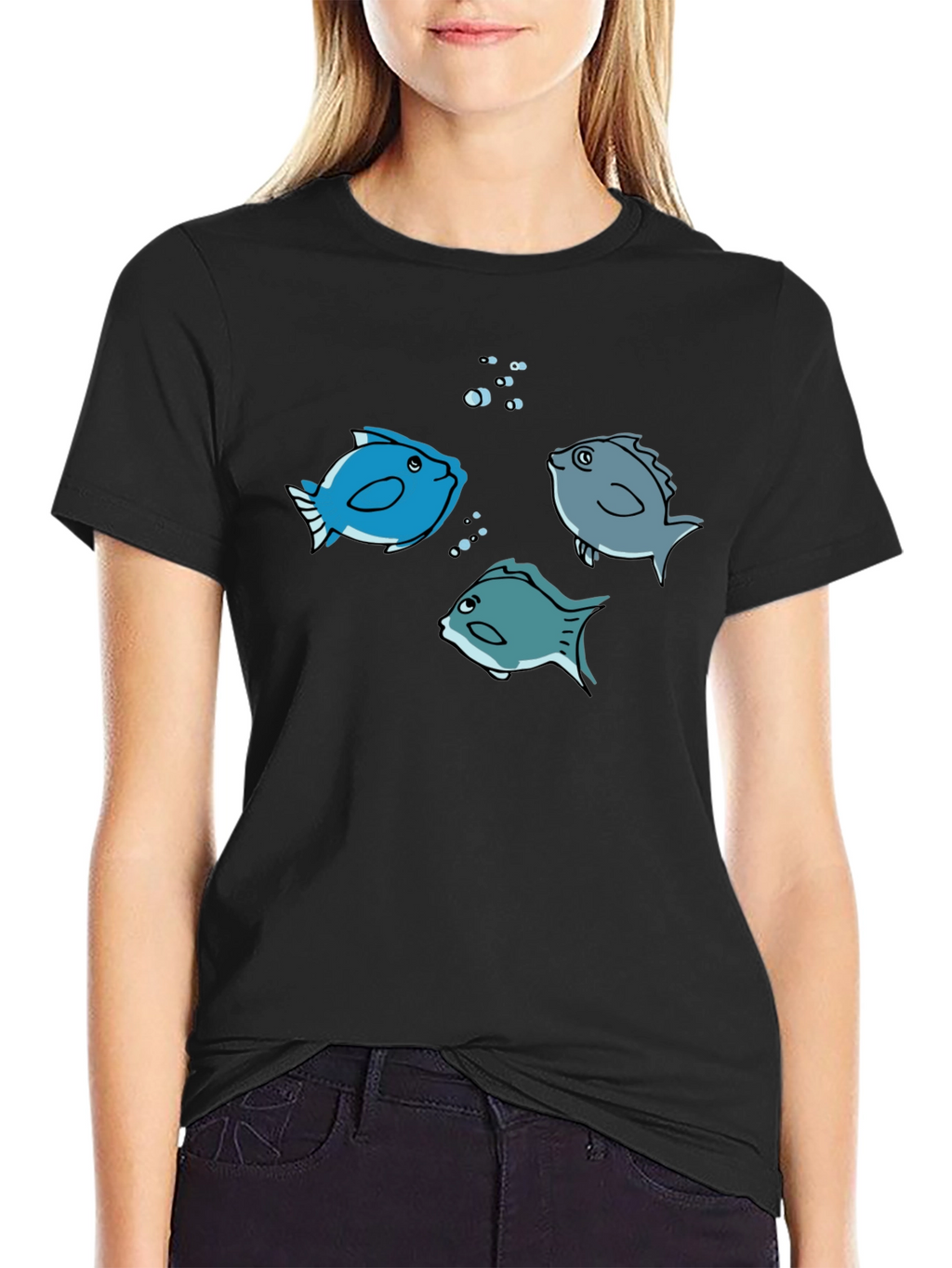 Fish Graphic Tee -  Black Cotton Crew Neck