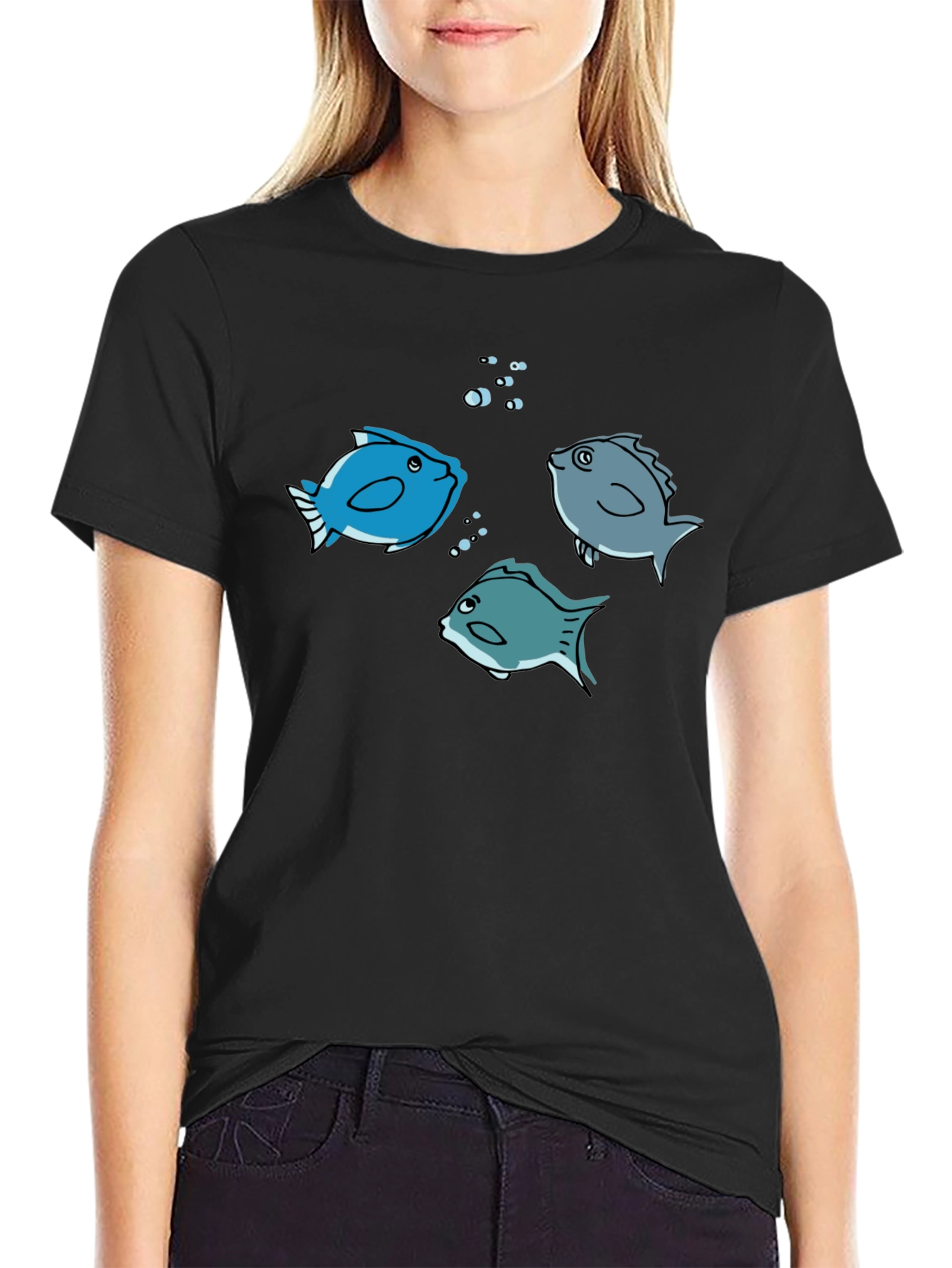 Fish Graphic Tee -  Black Cotton Crew Neck