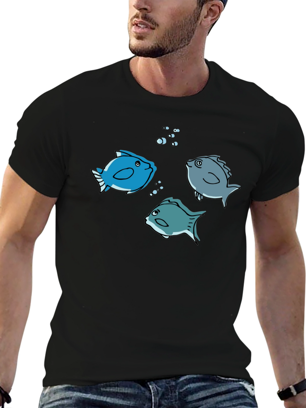 Fish Graphic Tee -  Black Cotton Crew Neck