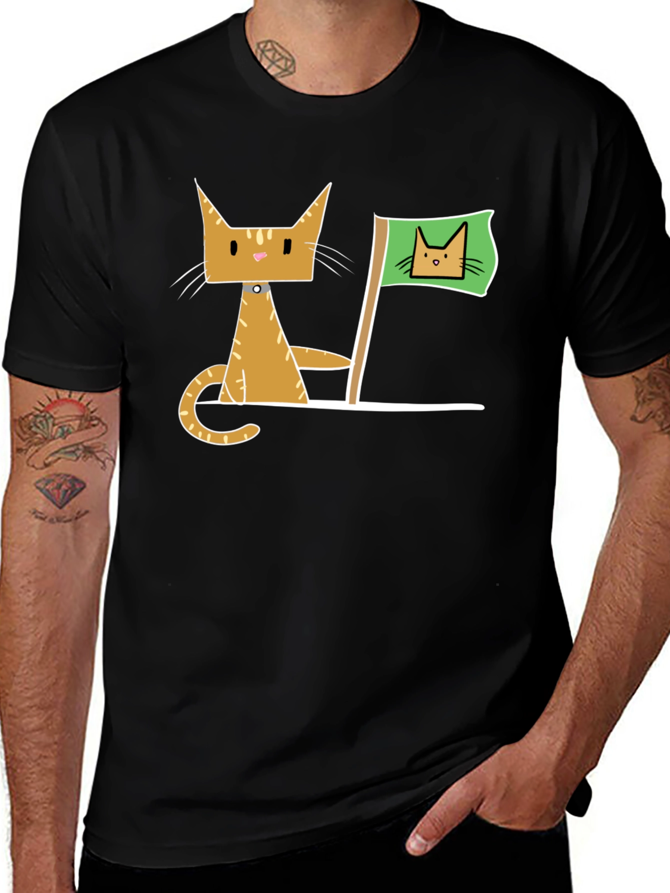 Geometric Cat Flag Black T-Shirt