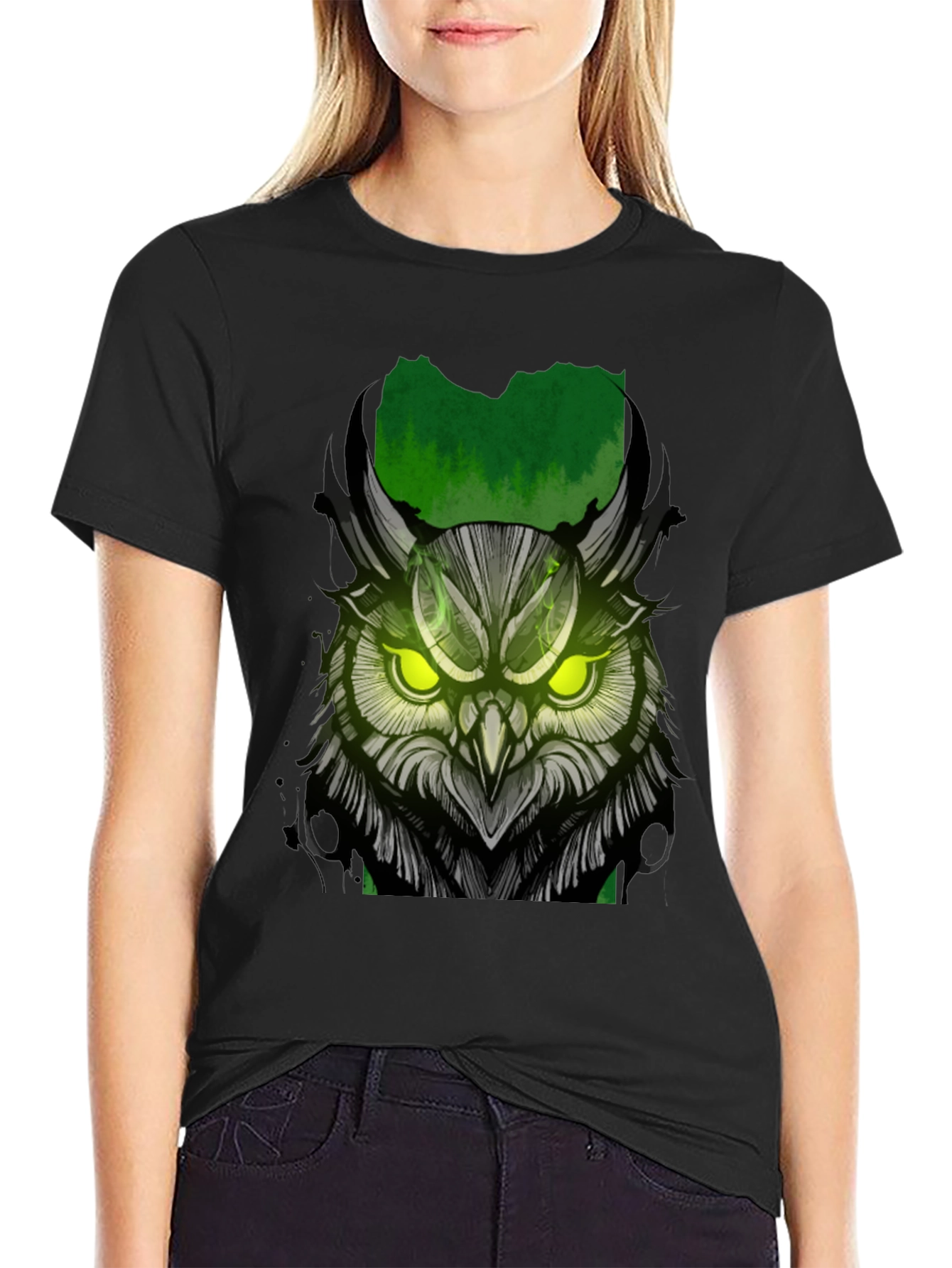 Owl Graphic Print T-Shirt - Black