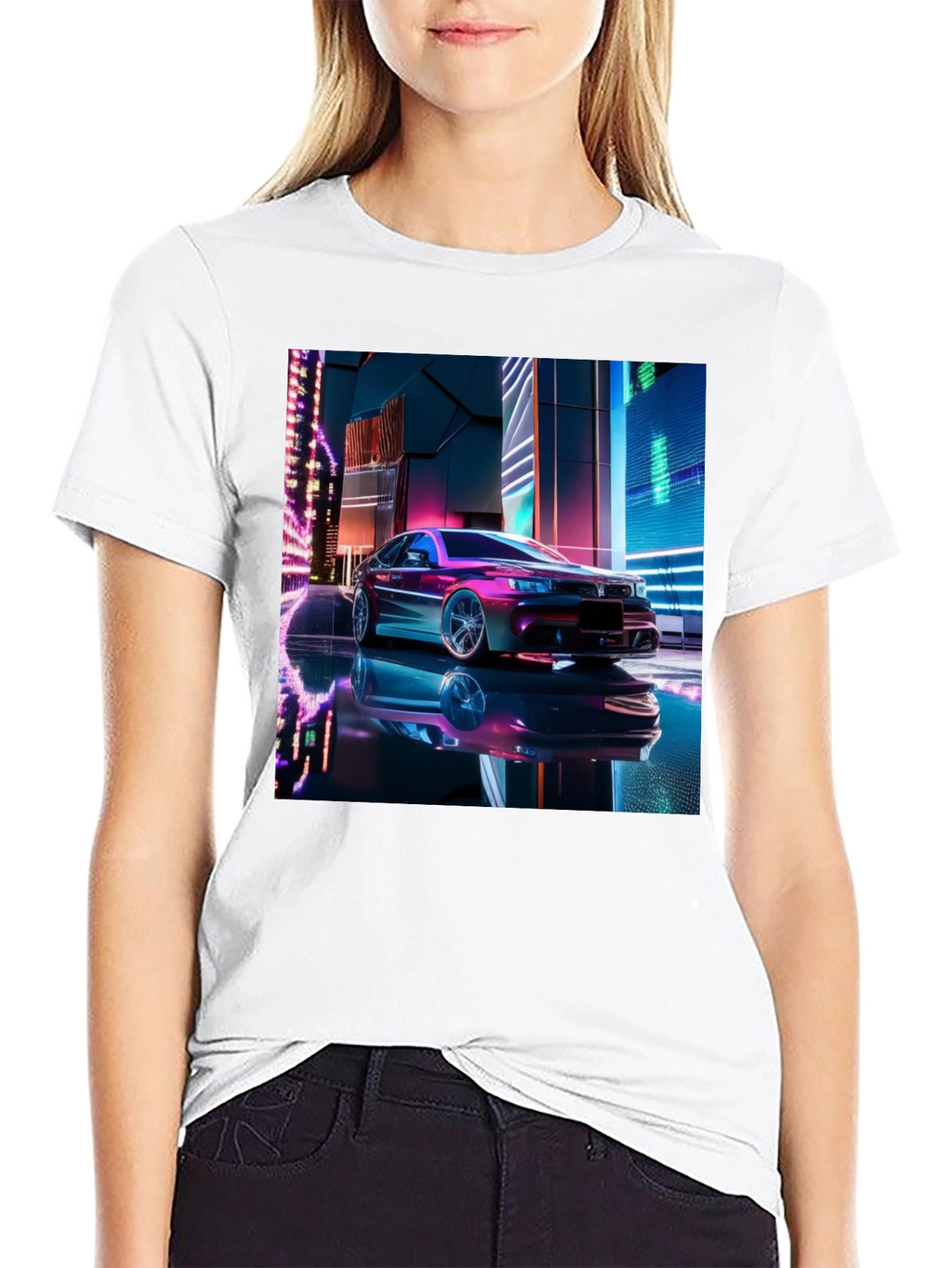 Neon Car Graphic Tee - Futuristic Style Black T-Shirt