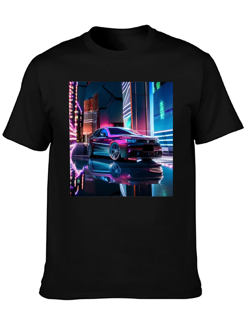 Neon Car Graphic Tee - Futuristic Style Black T-Shirt