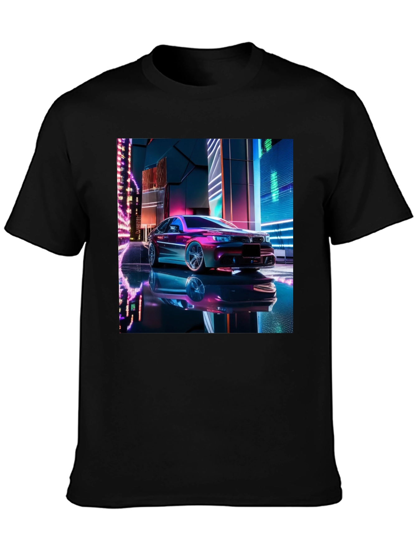 Neon Car Graphic Tee - Futuristic Style Black T-Shirt