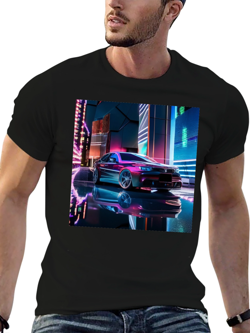 Neon Car Graphic Tee - Futuristic Style Black T-Shirt