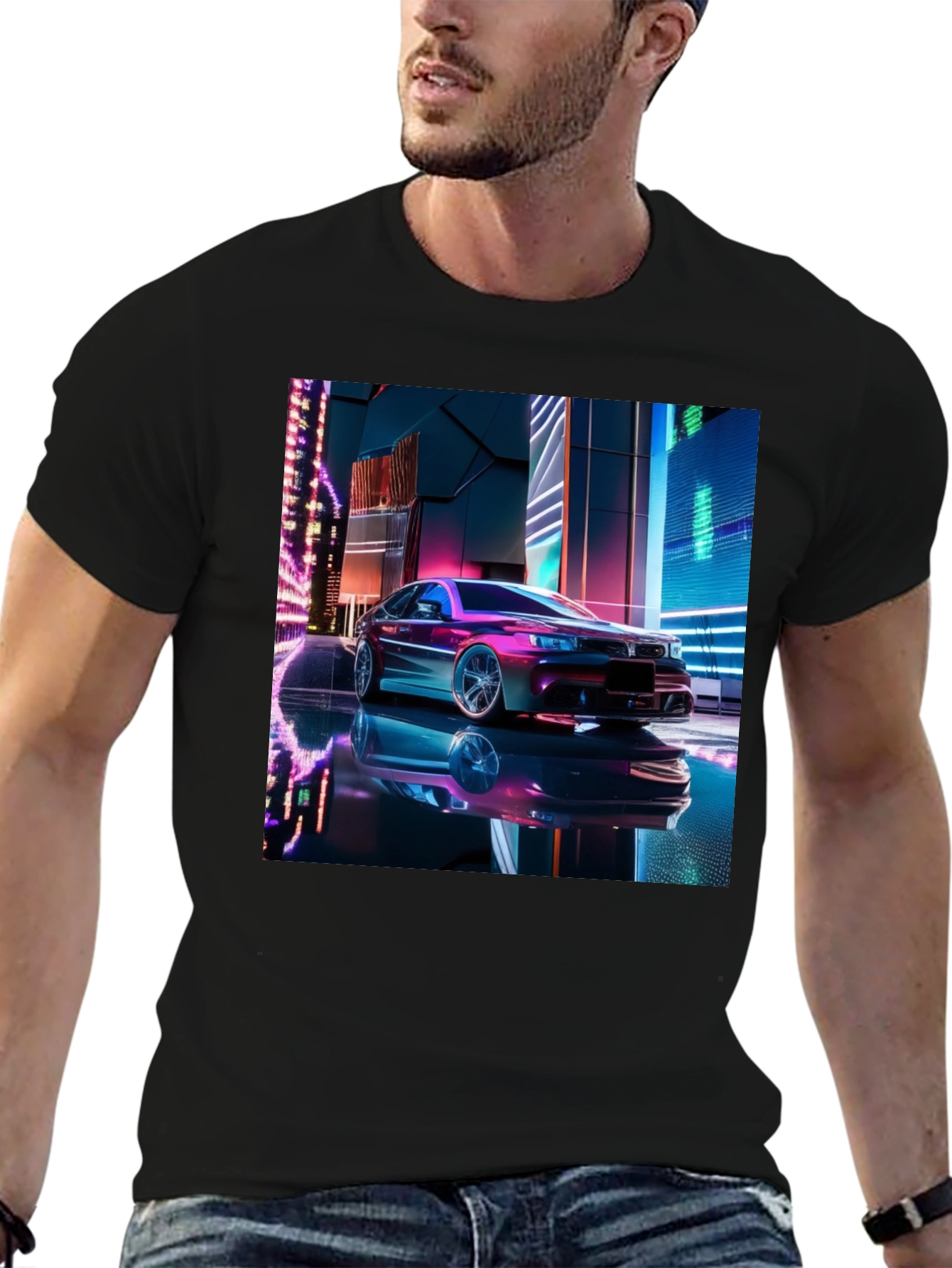 Neon Car Graphic Tee - Futuristic Style Black T-Shirt