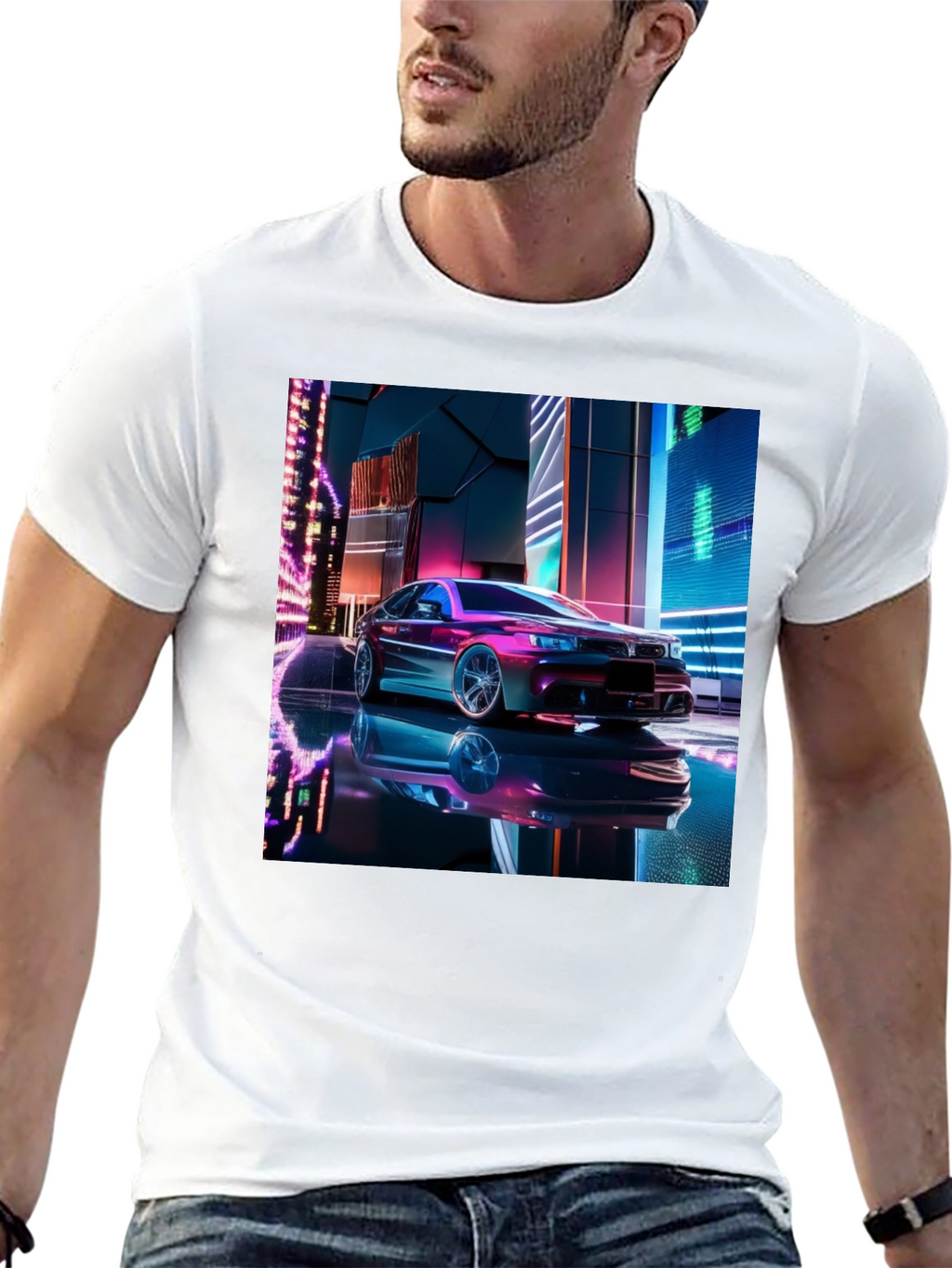 Neon Car Graphic Tee - Futuristic Style Black T-Shirt