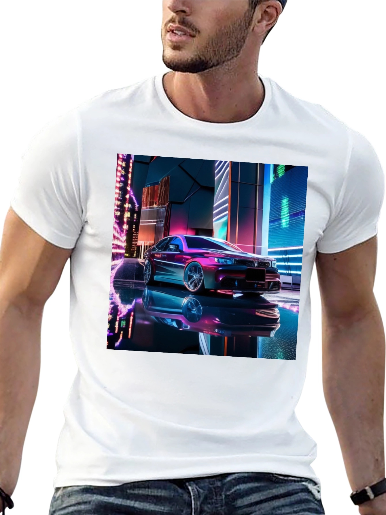 Neon Car Graphic Tee - Futuristic Style Black T-Shirt