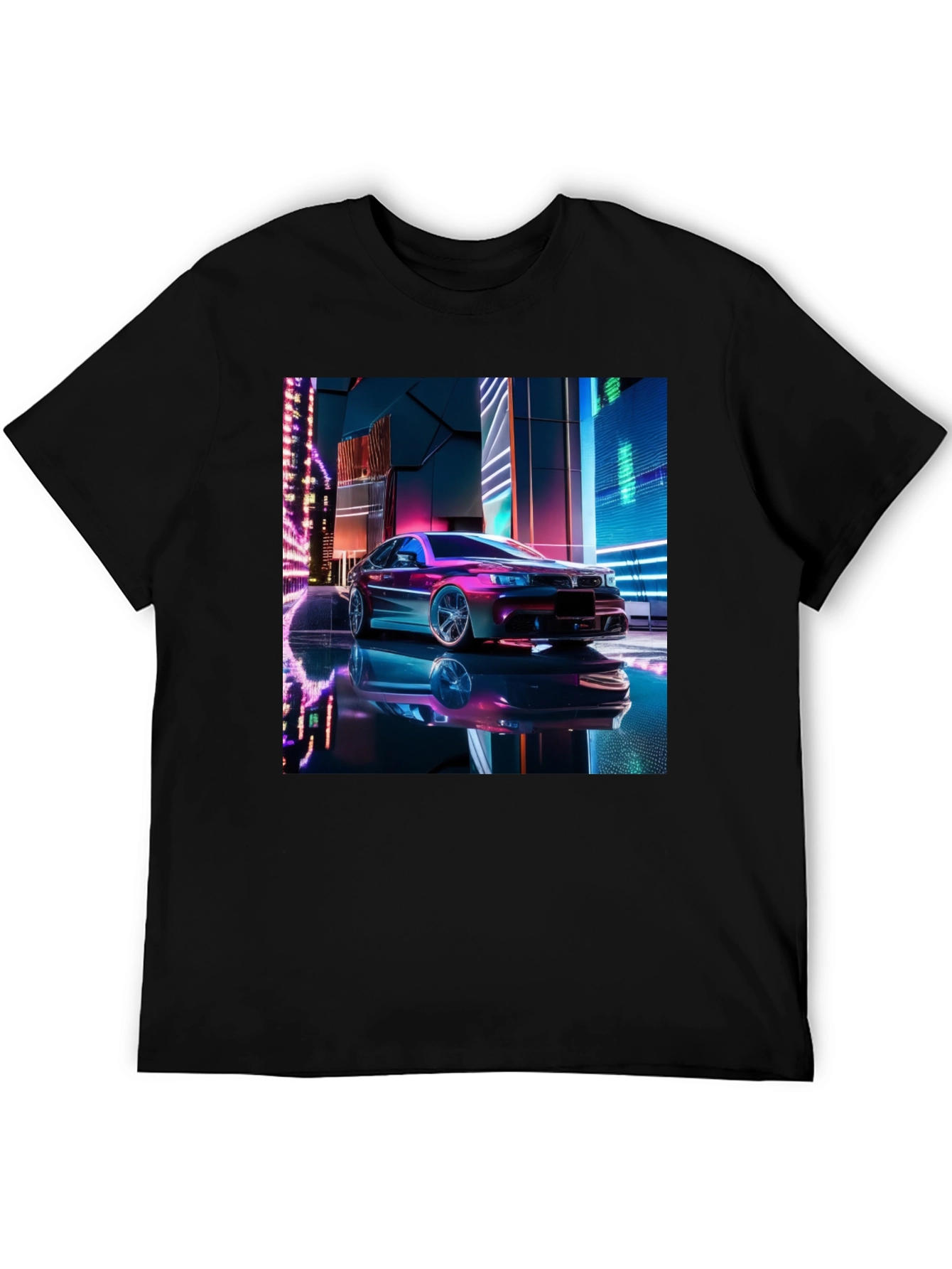 Neon Car Graphic Tee - Futuristic Style Black T-Shirt