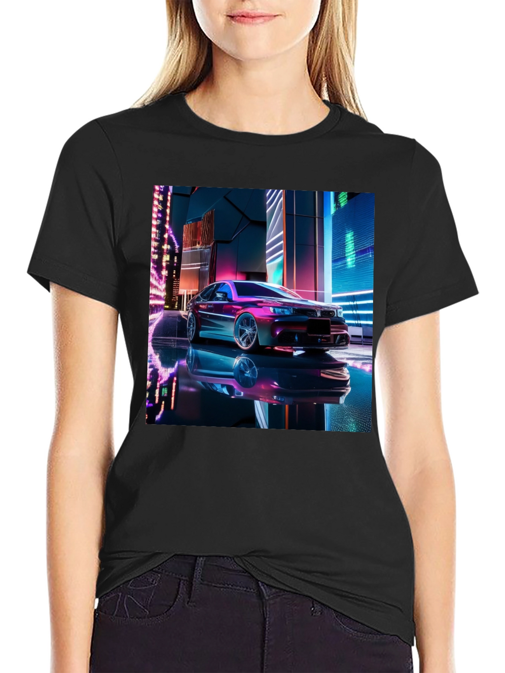Neon Car Graphic Tee - Futuristic Style Black T-Shirt