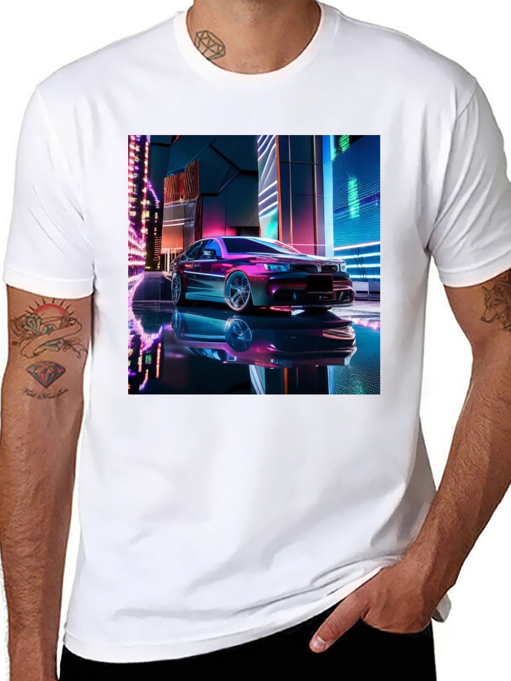 Neon Car Graphic Tee - Futuristic Style Black T-Shirt