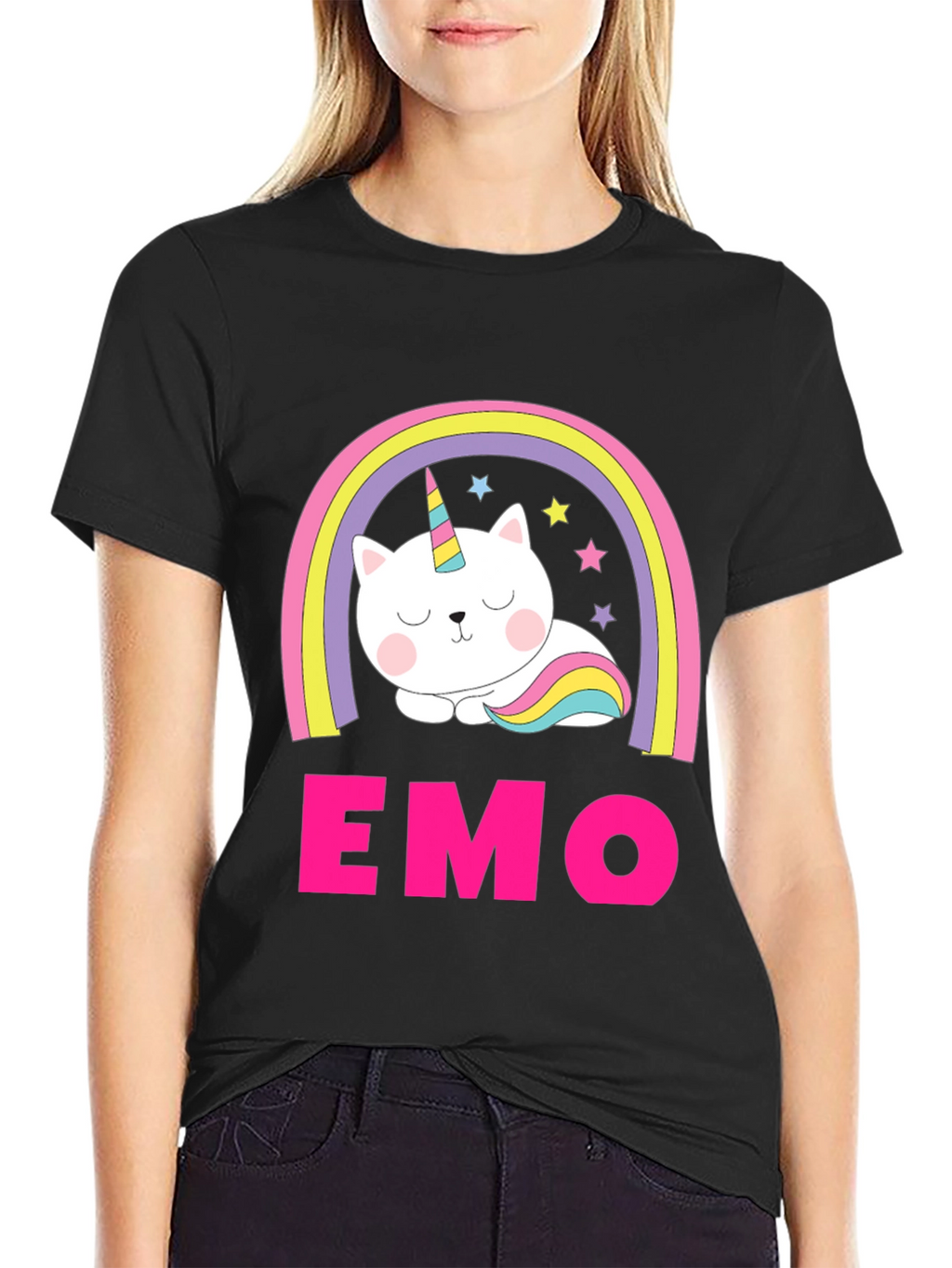 Emo Cat Unicorn Rainbow Graphic T-Shirt