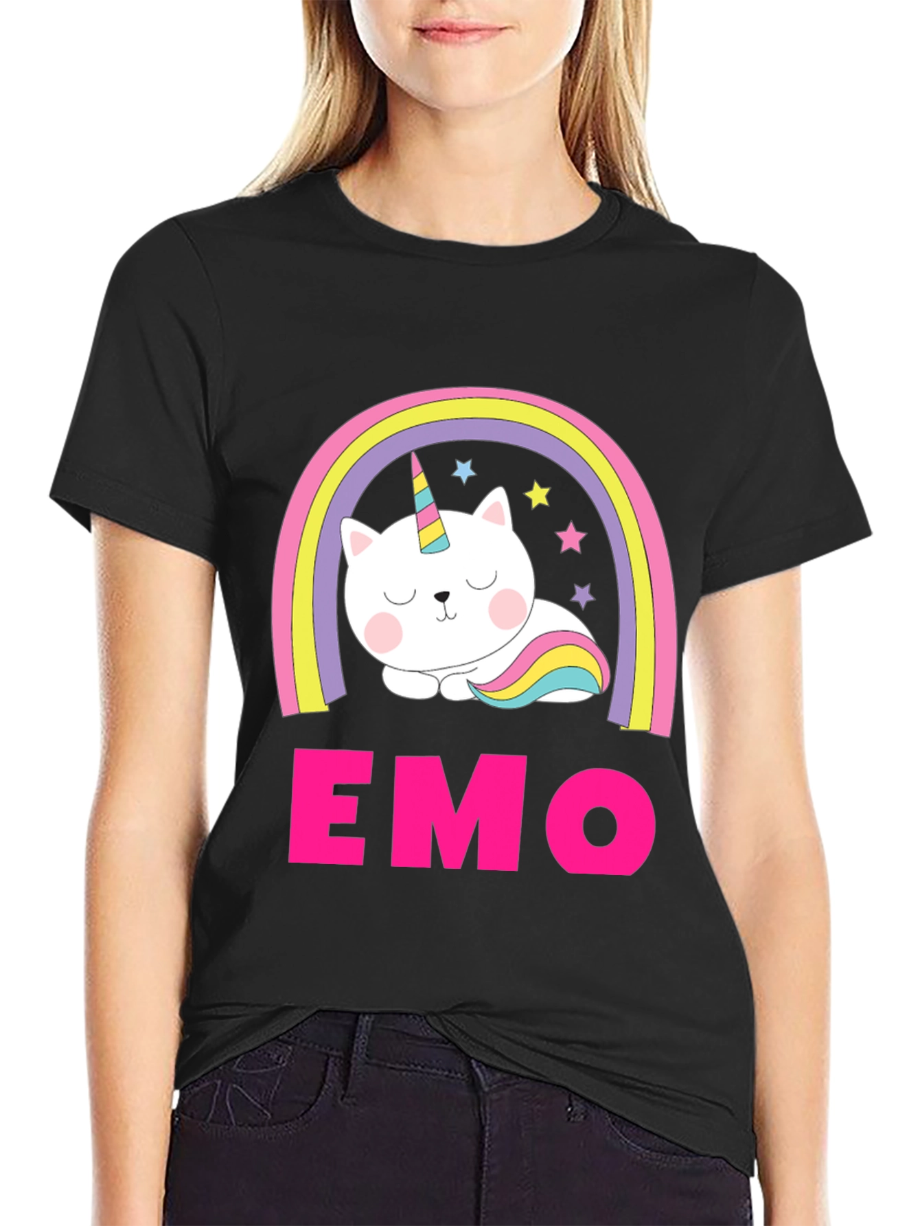 Emo Cat Unicorn Rainbow Graphic T-Shirt