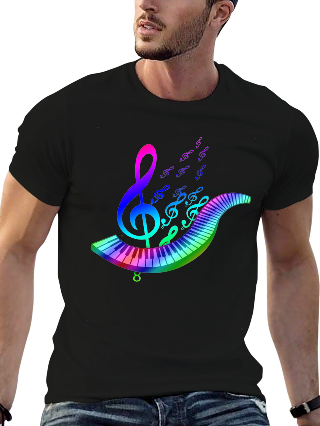 Rainbow Music T-Shirt - Musical Note & Keyboard Design