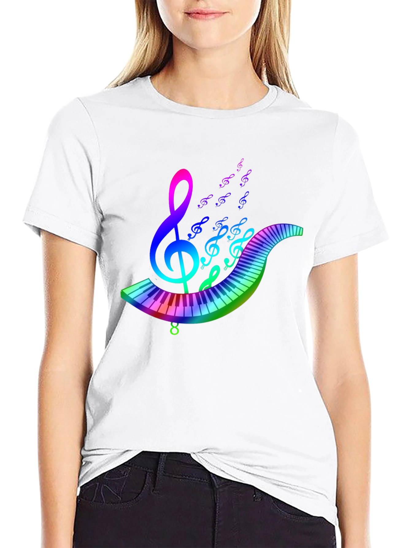Rainbow Music T-Shirt - Musical Note & Keyboard Design
