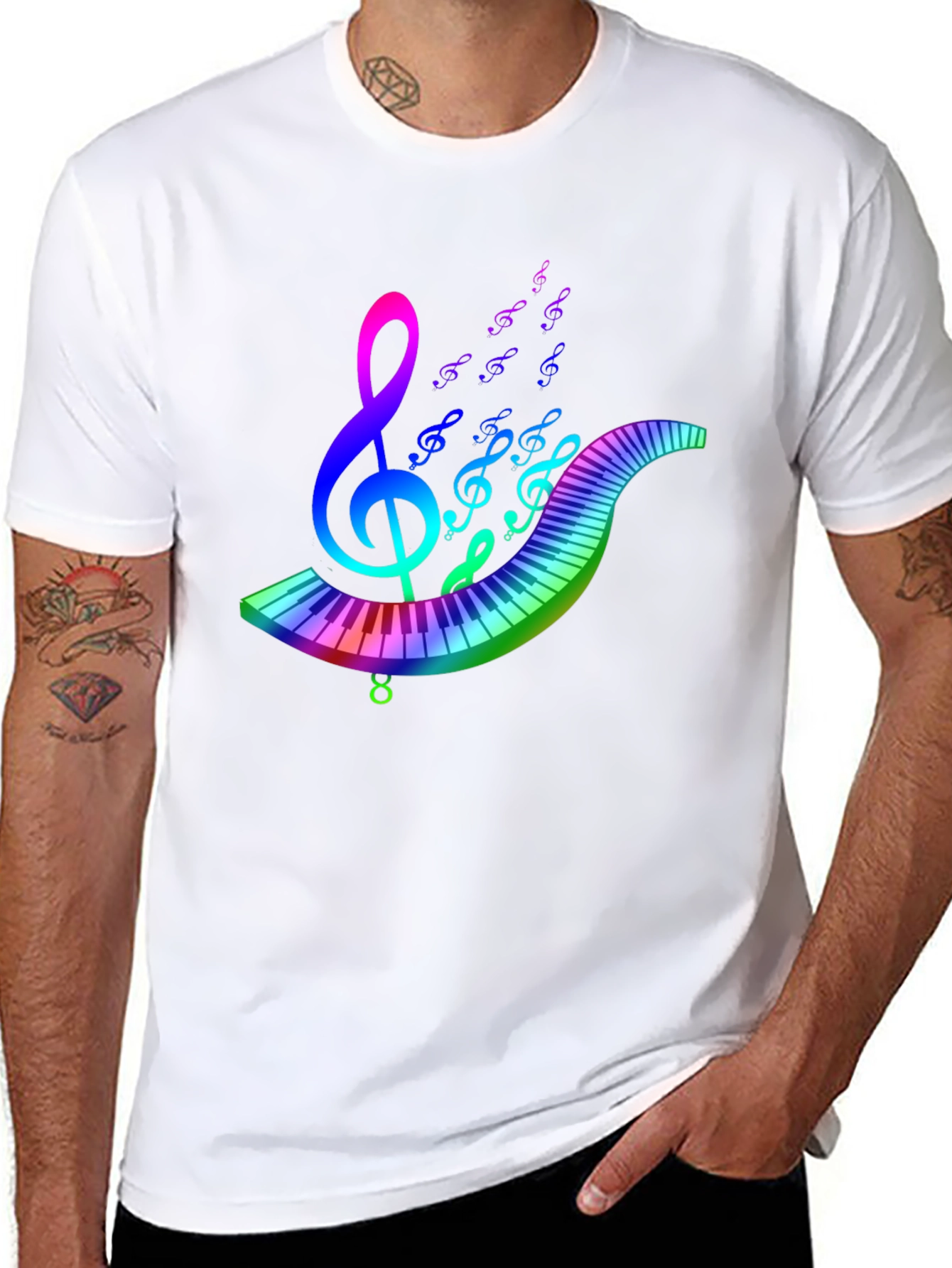 Rainbow Music T-Shirt - Musical Note & Keyboard Design