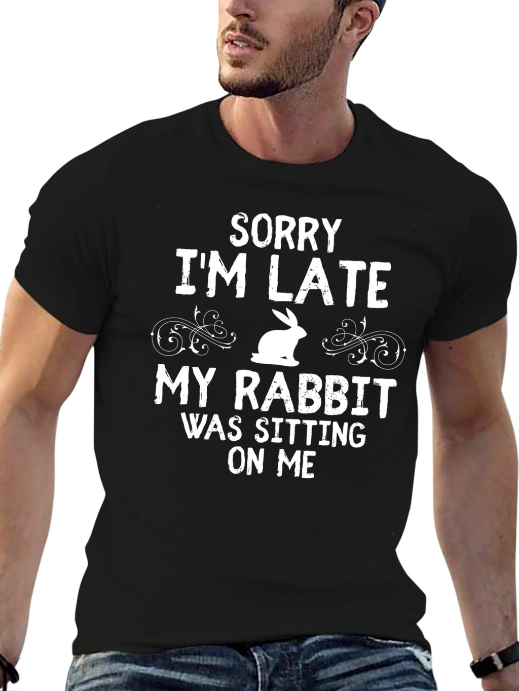 Funny Rabbit Graphic T-Shirt - Sorry Im Late