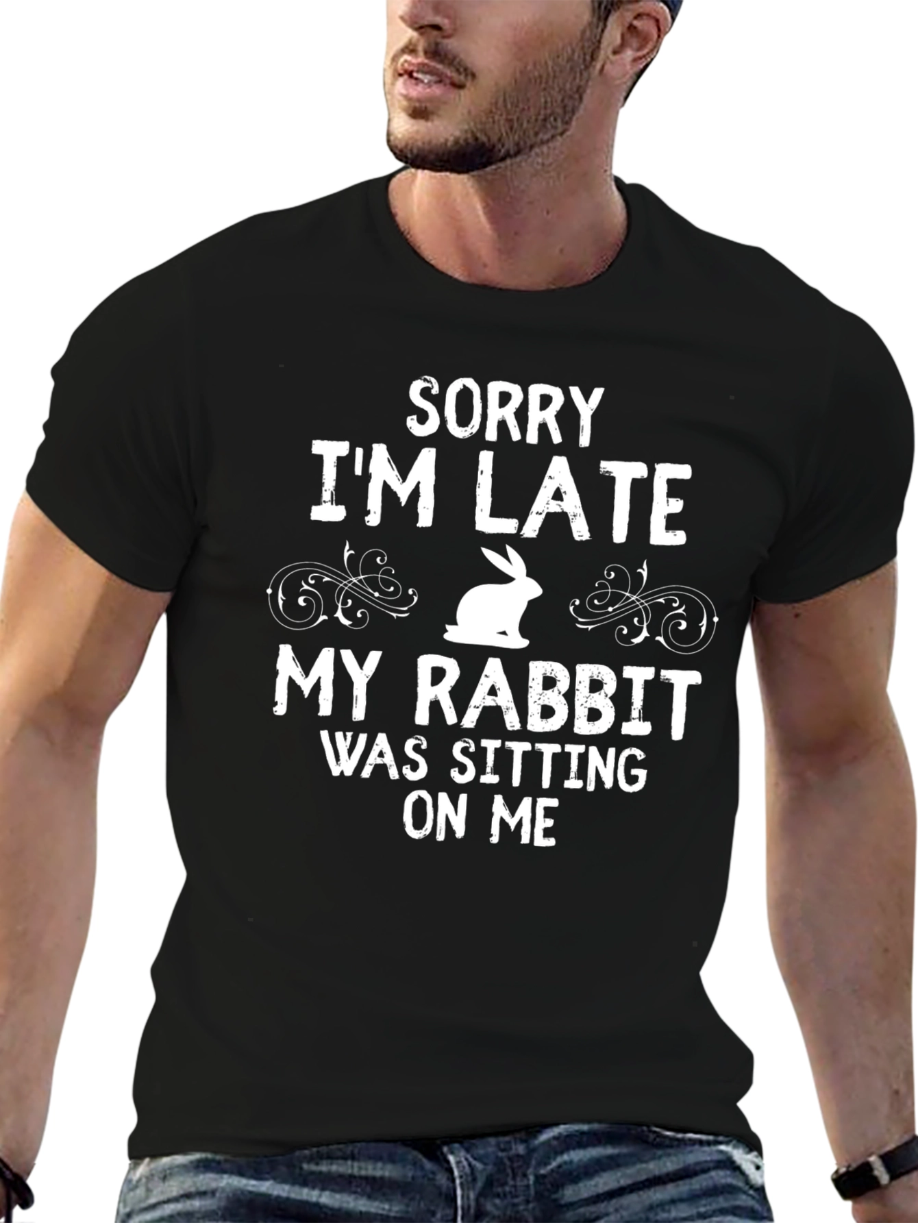 Funny Rabbit Graphic T-Shirt - Sorry Im Late