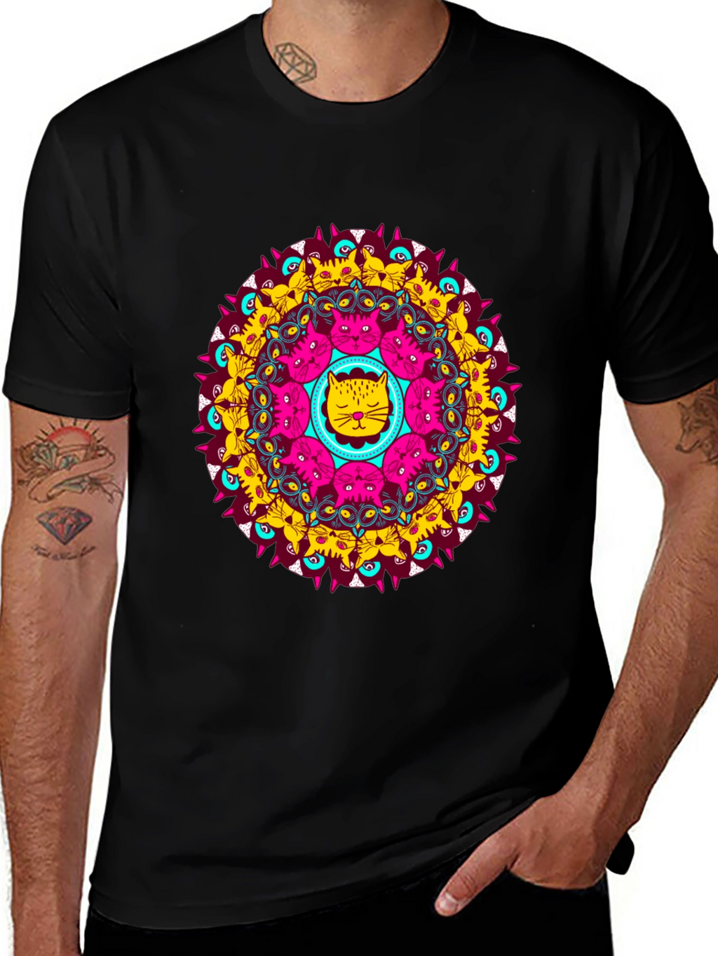 Cat Mandala Graphic Tee - Unique Design