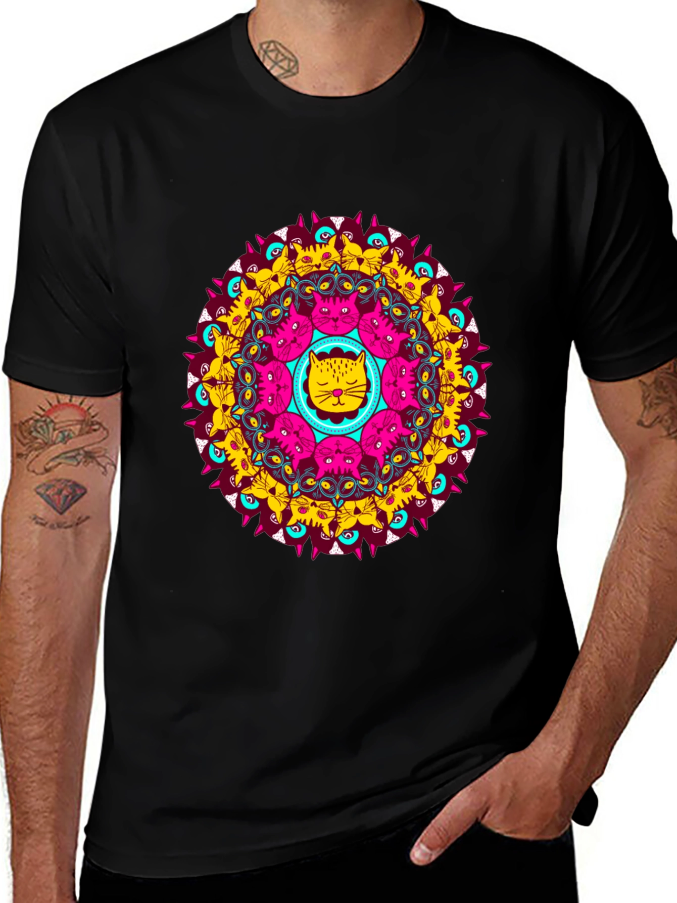 Cat Mandala Graphic Tee - Unique Design