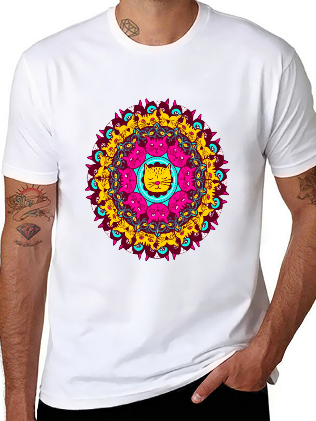 Cat Mandala Graphic Tee - Unique Design
