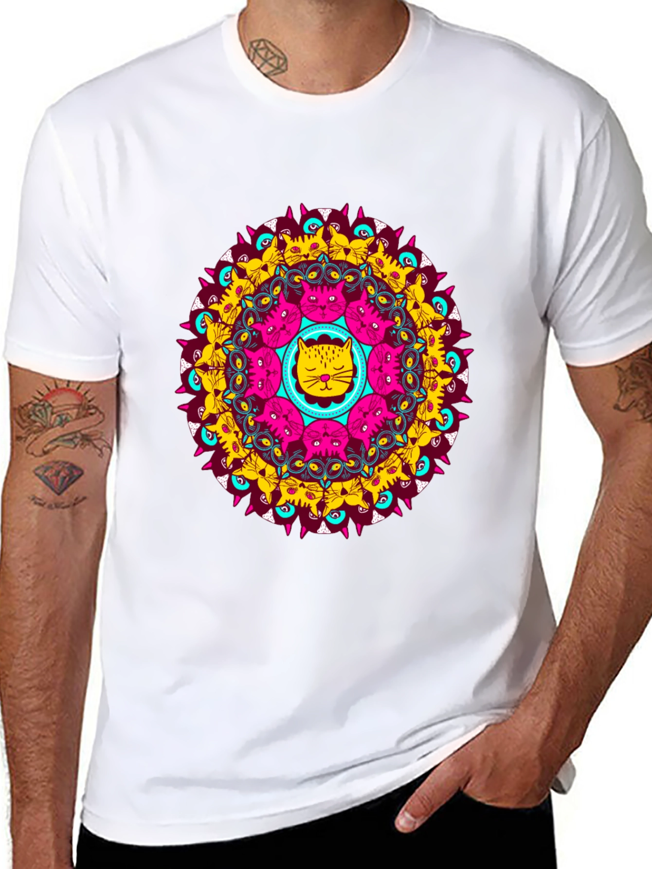 Cat Mandala Graphic Tee - Unique Design