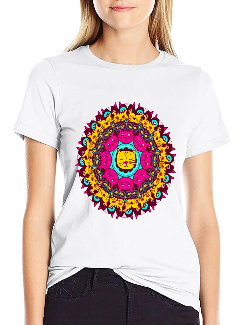 Cat Mandala Graphic Tee - Unique Design