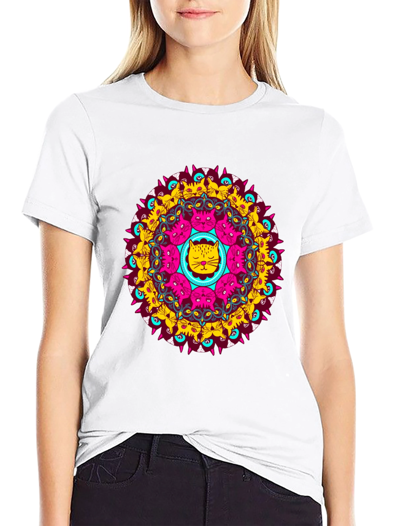Cat Mandala Graphic Tee - Unique Design