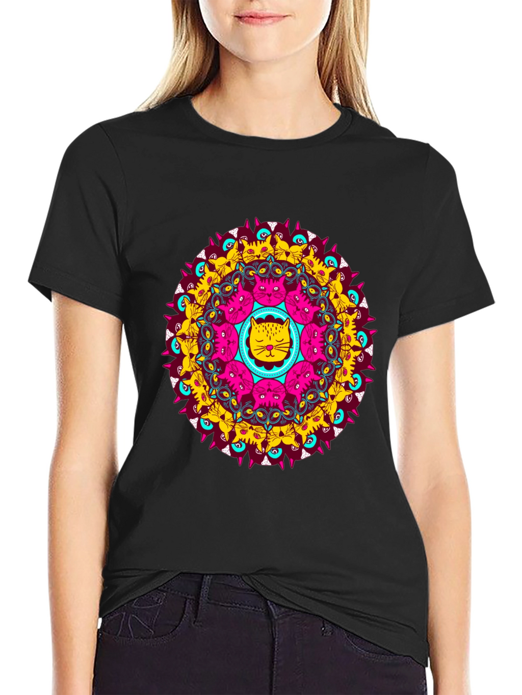 Cat Mandala Graphic Tee - Unique Design