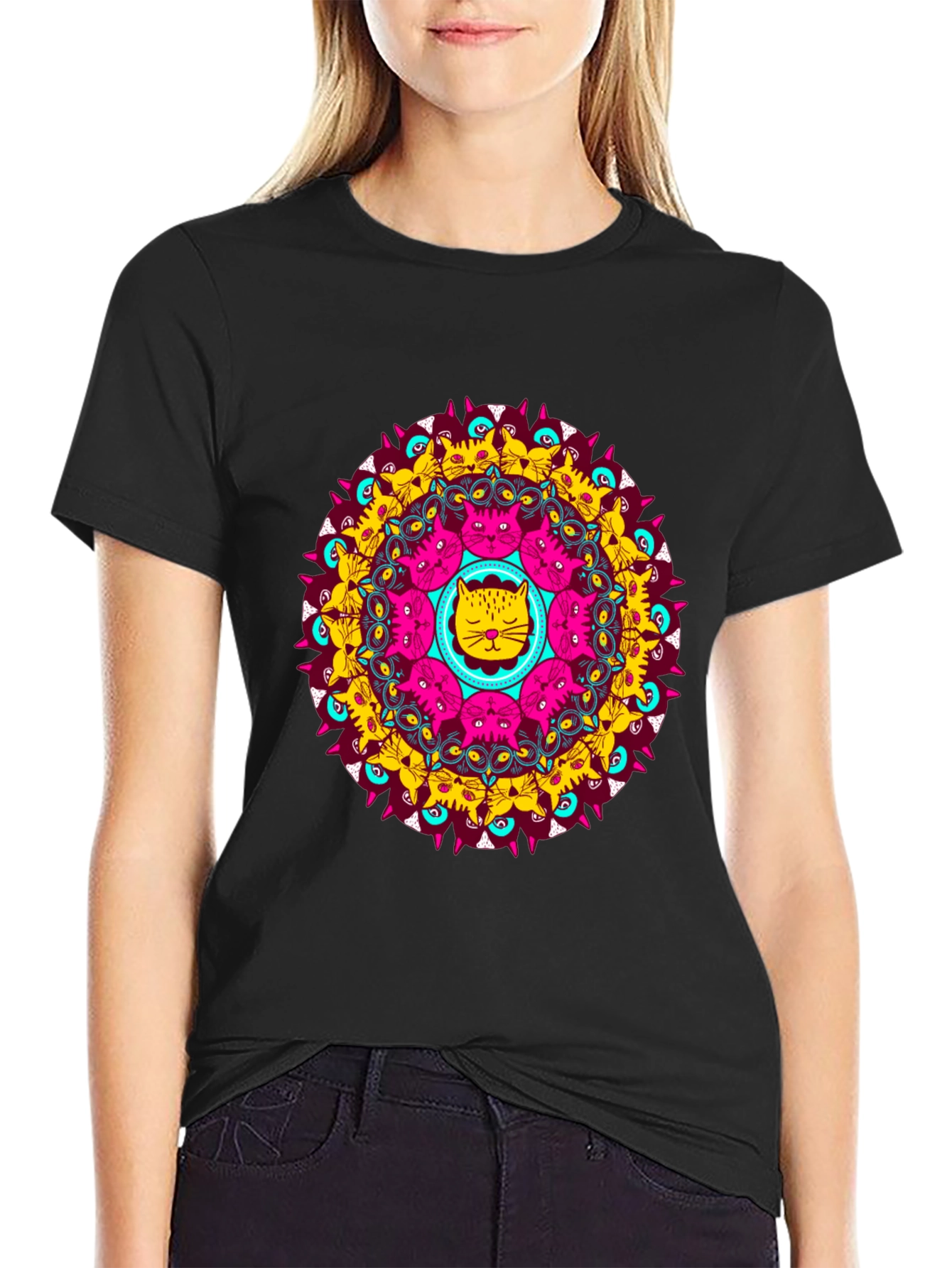 Cat Mandala Graphic Tee - Unique Design
