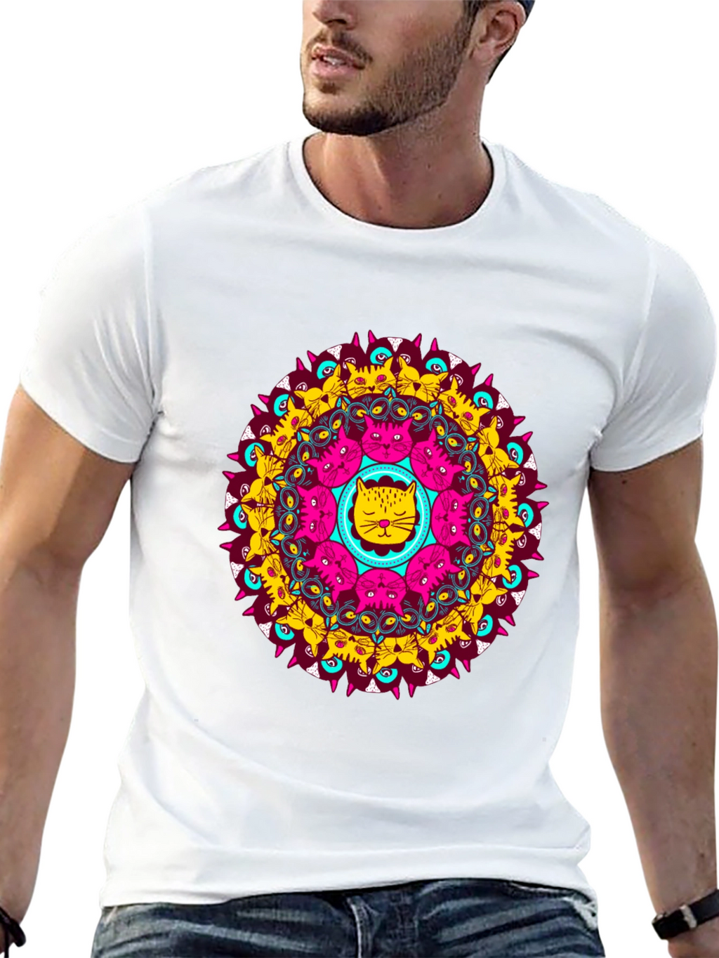 Cat Mandala Graphic Tee - Unique Design