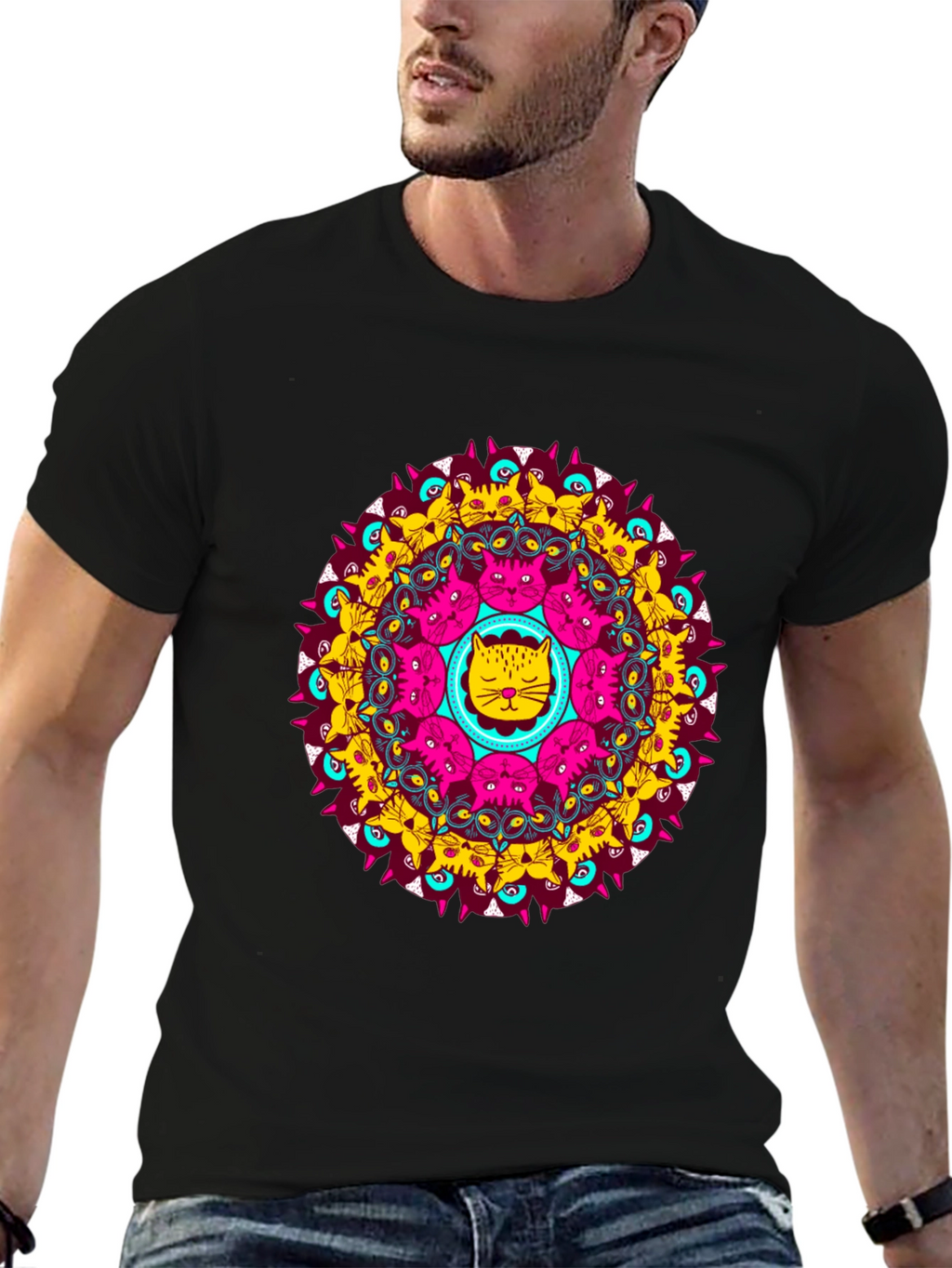 Cat Mandala Graphic Tee - Unique Design