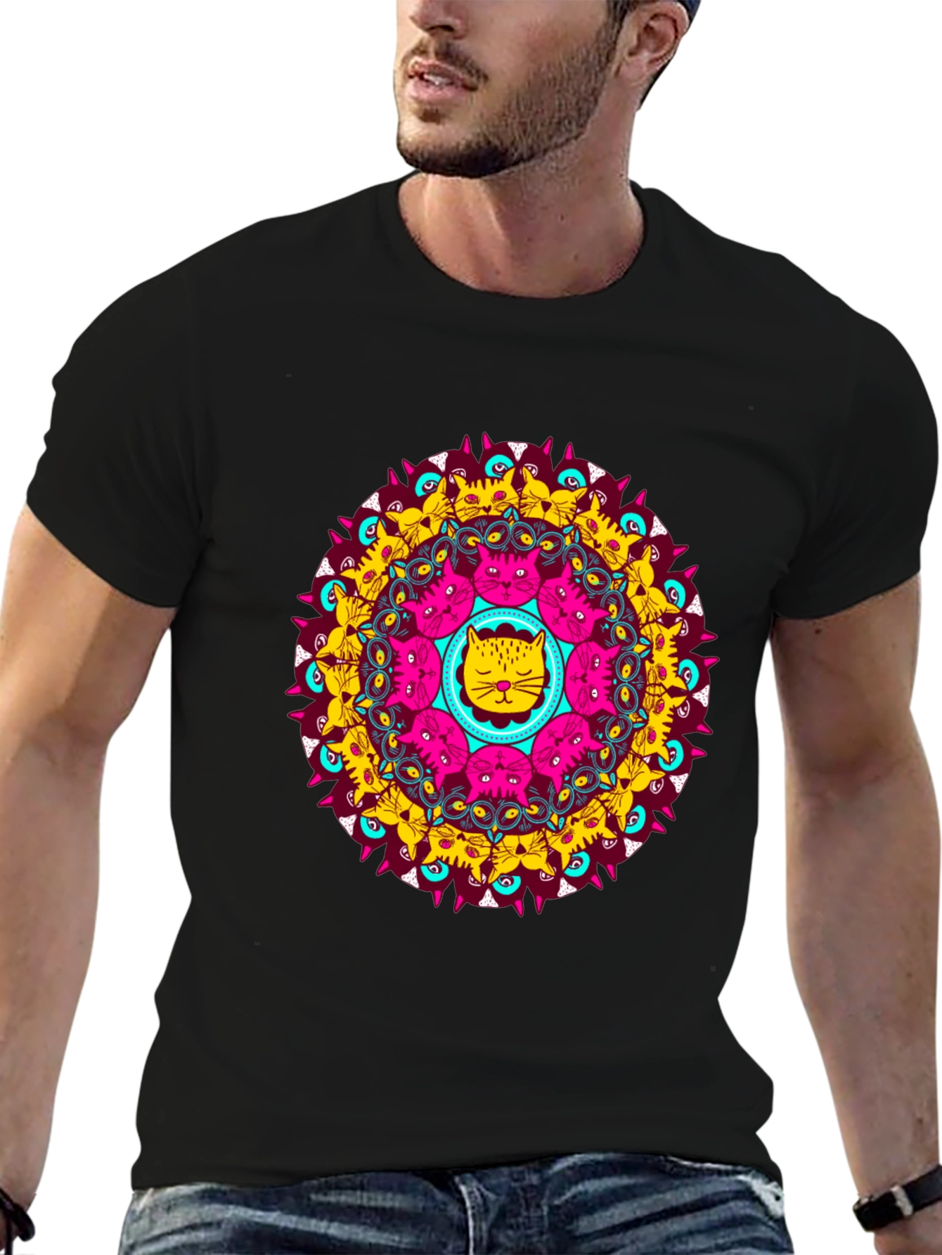 Cat Mandala Graphic Tee - Unique Design