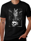 Winged Cat Skull Graphic Tee - Black Cotton T-Shirt