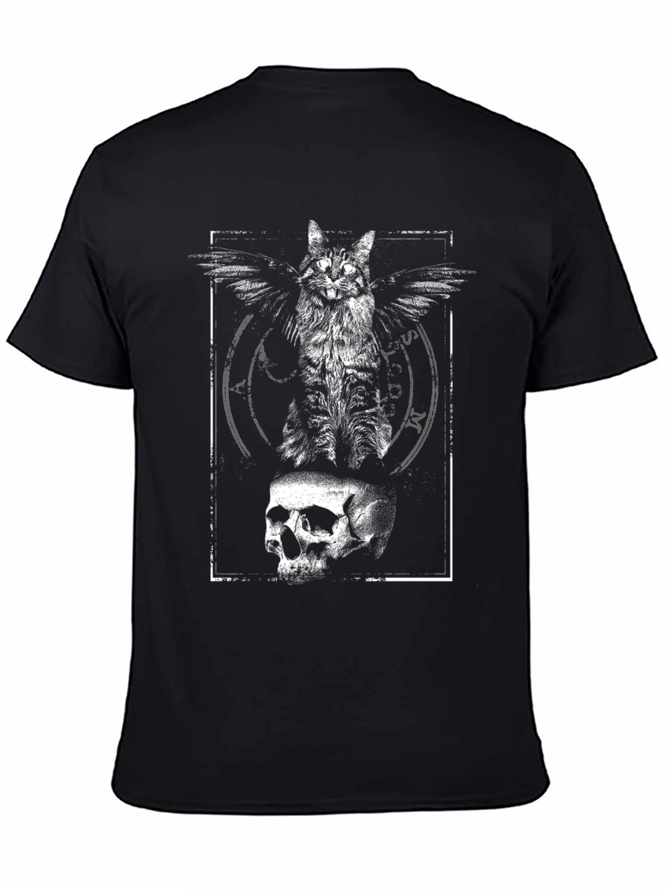 Winged Cat Skull Graphic Tee - Black Cotton T-Shirt