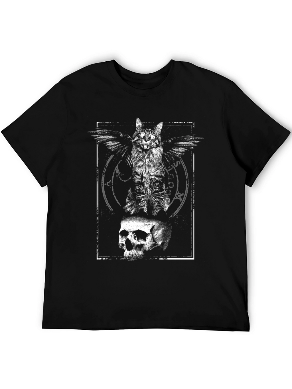 Winged Cat Skull Graphic Tee - Black Cotton T-Shirt