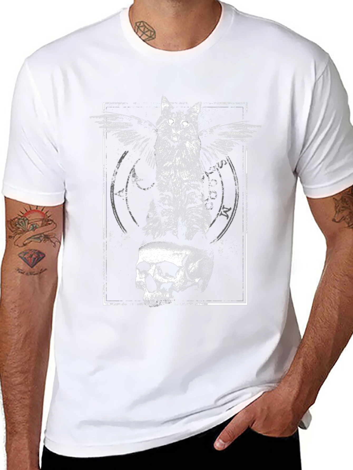 Winged Cat Skull Graphic Tee - Black Cotton T-Shirt