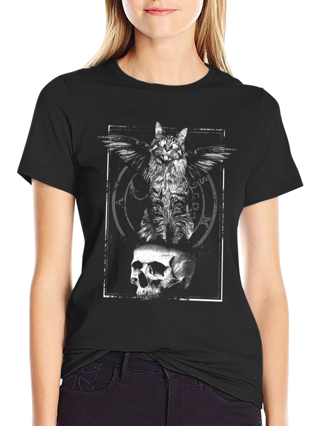 Winged Cat Skull Graphic Tee - Black Cotton T-Shirt