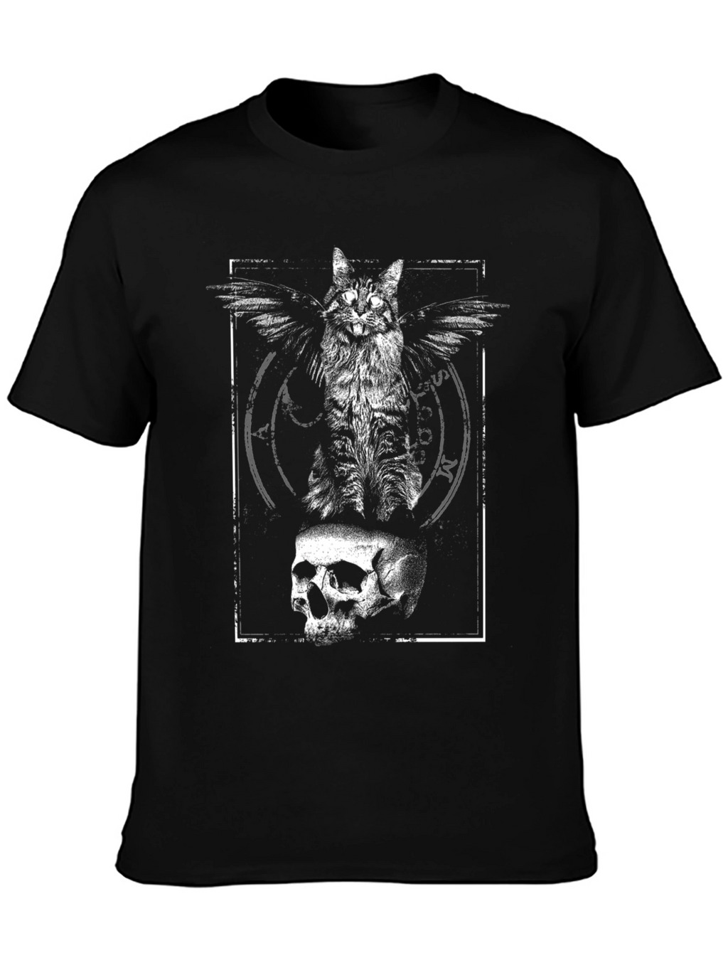 Winged Cat Skull Graphic Tee - Black Cotton T-Shirt