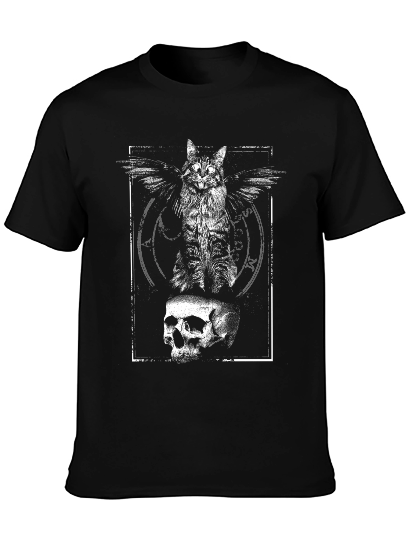 Winged Cat Skull Graphic Tee - Black Cotton T-Shirt