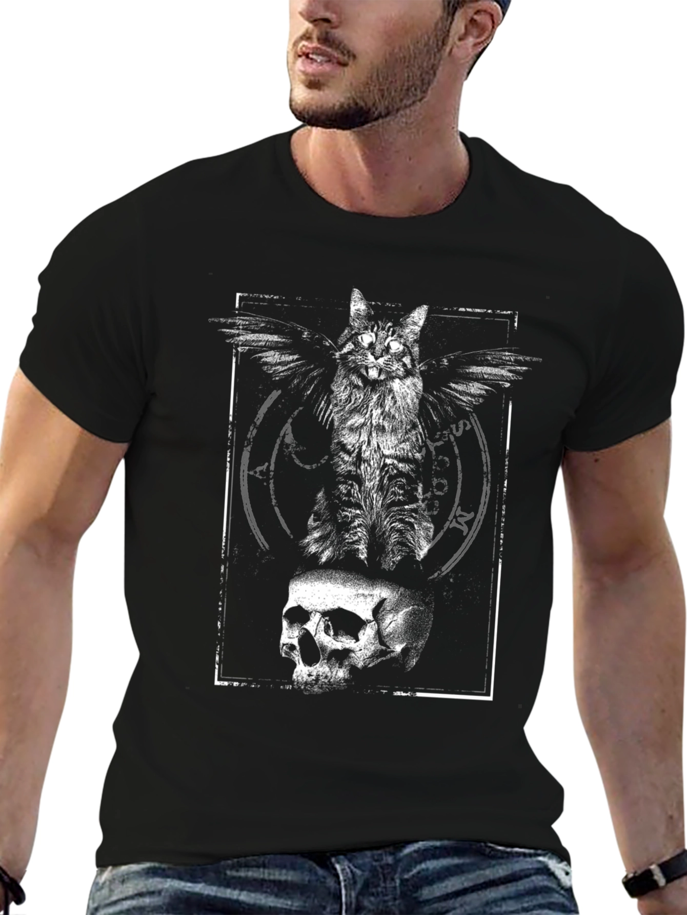 Winged Cat Skull Graphic Tee - Black Cotton T-Shirt