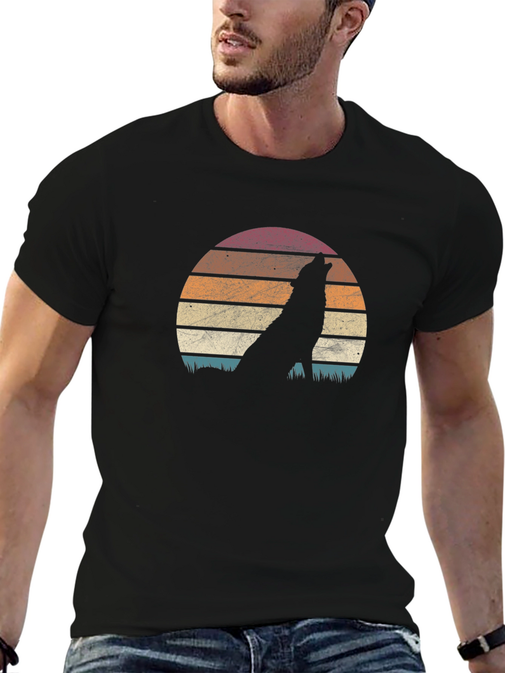 Retro Wolf Sunset Graphic T-Shirt - Black